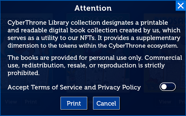 Attention dialog requiring acceptance of Terms of Service and Privacy Policy