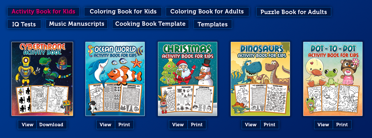 Printable book library with activity books, coloring books, and print options