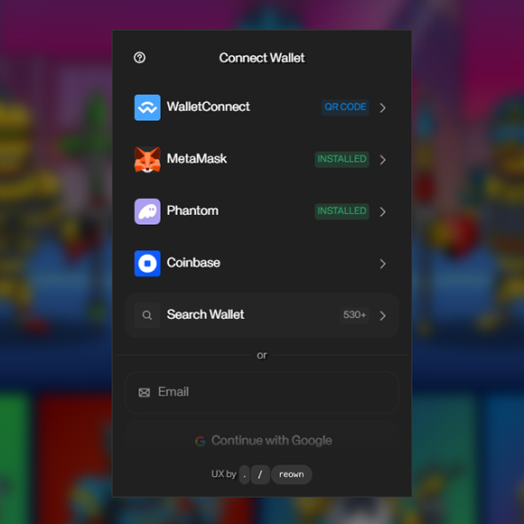 Connect Wallet dialog powered by Reown with wallet provider options