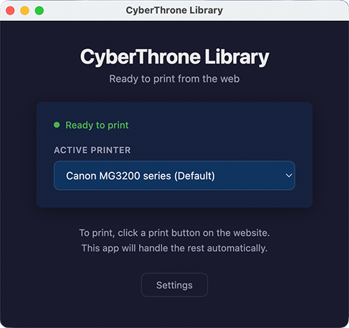 CyberThrone Library software showing printer setup and settings