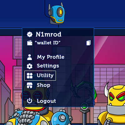 Profile menu showing Utility, Settings, Profile, Shop, and Logout options