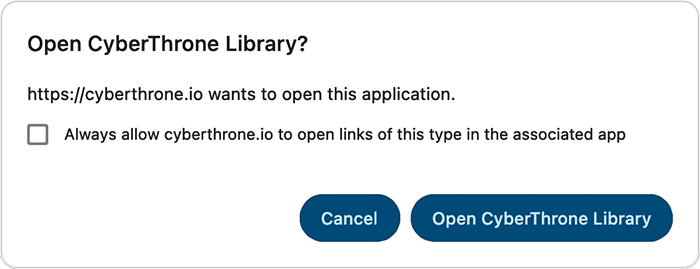 Browser prompt asking to open CyberThrone Library with always allow option